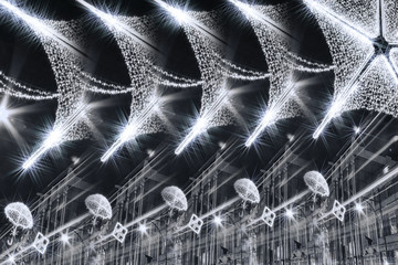 Abstract black and white image of  Christmas lights decorations in Oxford Street during the festive...