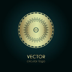 Golden logo design template, creative circular emblem, decorative icon, vector illustration