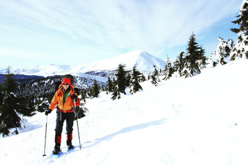 Winter hiking in the mountains.