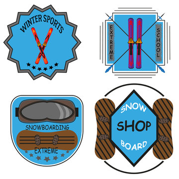 Vintage snowboarding or winter sports badges.