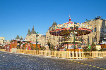 Moscow, Russia - December 7, 2016: Christmas fair on Red square near GUM shop in the center of Moscow
