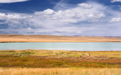 Obraz premium Bright landscape with steppe shore of a milky turquoise glacier lake with dry yellow grass under the blue sky and white clouds. The Ukok Plateau, Altai Mountains, Siberia, Russia.