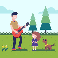 Fototapeta premium Father playing guitar to his daugter with a dog