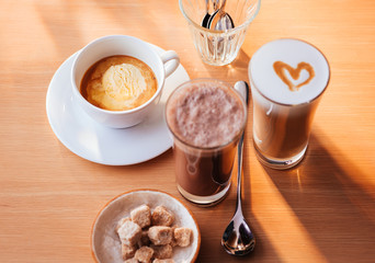 Coffee with ice cream, latte and Iced chocolate