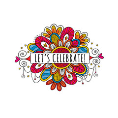 Let's Celebrate Banner surrounded by stars, doodles, swirls and sparkles on a white background, vector illustration.
