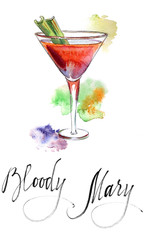 Wineglass of cocktail Bloody Mary with celery