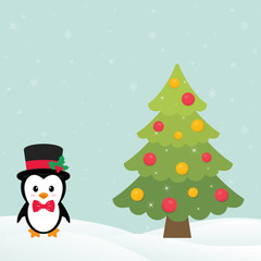 cute penguin with snow and fir tree