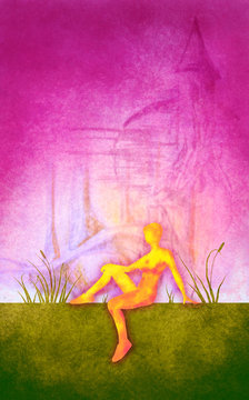 Sporty Woman Sits On A Ground. Short Hair Girl Silhouette . Double Exposure Brush Painting. Green Grass And Vibrant Sunset. Evening Time. Castle Sketch On Backdrop