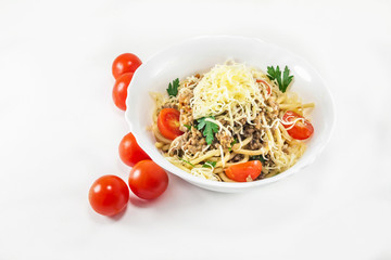 spaghetti with meat and cherry tomato