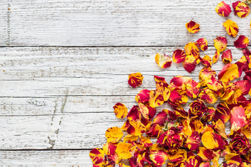 Dry petals of rose on a white wooden background