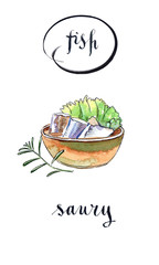 Bowl of saury, salad and twig of rosemary