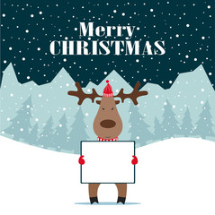 Christmas deer with banner isolated, happy winter xmas holiday animal greeting card.