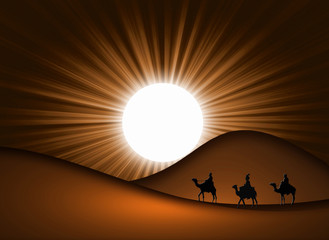 Reyes Magos, desierto, sol, ilustración