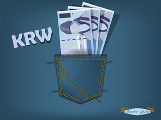 vector illustration of korean won  in the pocket of blue jeans
