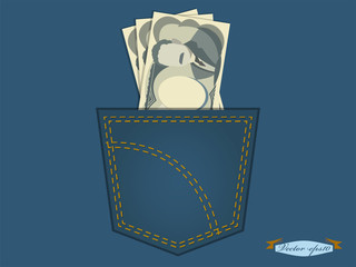 graphic design vector illustration of Japanese yen in the pocket of blue jeans
