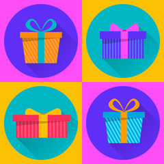 Merry Christmas and Happy New Year gift boxes. Set of four flat colored icons. Presents. Vector illustration