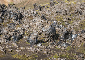 Split glassy obsidian rocks near Landmannalaugar, Iceland