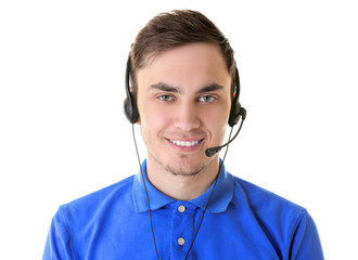 Call center operator on white background