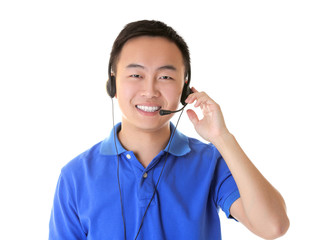 Call center operator on white background