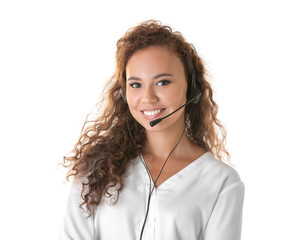 Call center operator on white background