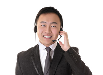Call center operator on white background
