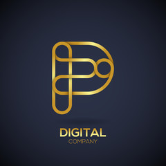 Letter P Logo Design.Linked shape circle symbol,Digital,Gold color