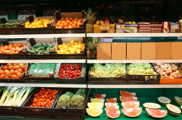 Fresh fruits and vegetables in supermarket