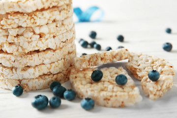 Round rice crispbreads with blueberries, closeup