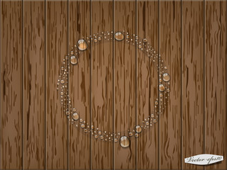 realistic graphic design vector of transparent water drop in circle form on wood table
