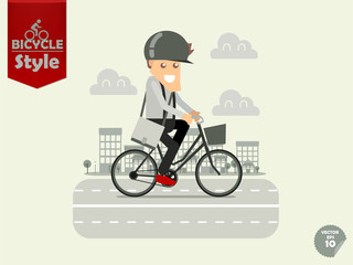 man with bicycle helmet is cycling city bicycle with town background,city bicycle concept
