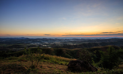 Mountain fog light morning sunrise.