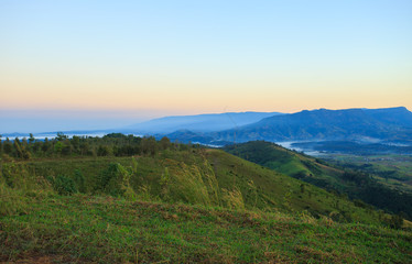 Mountain fog light morning sunrise.