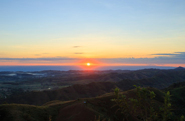 Mountain fog light morning sunrise.