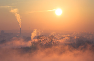 Smog, fog and pollution in Lyon during a winter sunrise. - obrazy, fototapety, plakaty