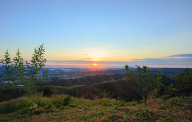 Mountain fog light morning sunrise.