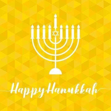 Happy Hanukah calligraphic with menorah, silhouette design vector with geometric yellow triangle background