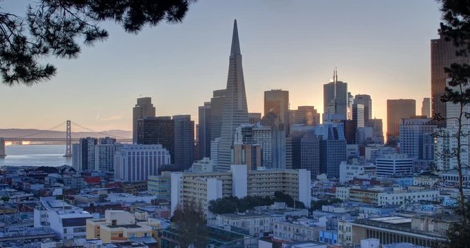 San Francisco Sunrise. Panoramic City View of the City Skyline. Zoom out View.