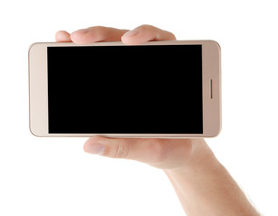 Hand holding smart phone on white background