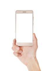 Hand holding smart phone on white background