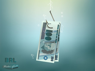 Money concept illustration, brazilian reals money paper on fish hook
