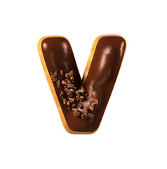 Chocolate Donut Font Concept. Delicious Letter V. 3d rendering isolated on white background