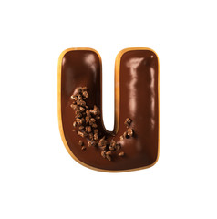 Chocolate Donut Font Concept. Delicious Letter U. 3d rendering isolated on white background