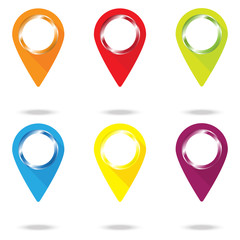 Map marker, location, icon, pointer with six colors. Sign or symbol with vector to pin a map.