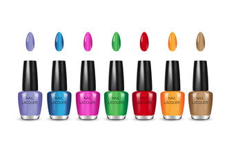 Vector illustration of realistic nail polish in glass bottles on white background