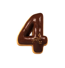 Chocolate Biscuit Donut Font Concept. Delicious Number 4, Four. 3d rendering isolated on white background