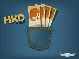 vector illustration of hongkong dollar in the pocket of blue jeans
