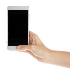 Hand holding cellphone on white background