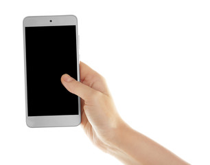 Hand holding cellphone on white background