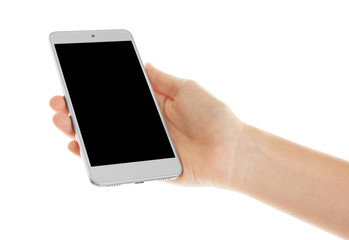 Hand holding cellphone on white background
