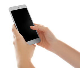 Hands holding cellphone on white background